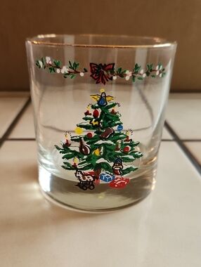 Vintage Christmas High Ball Glass -  Set Of 4 Green & Red Holiday Design